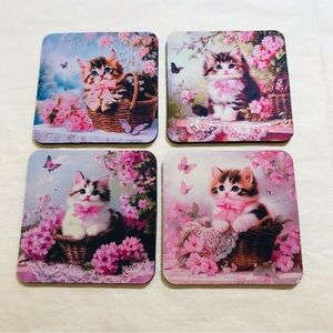 Set of 4 Cute Vintage Style Kitten Coasters - Pink Floral Design Handmade